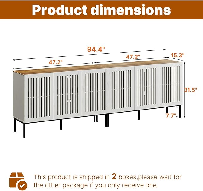 Farmhouse TV Stand for 100 Inch TVs, 2-in-1 Entertainment Center with Storage Cabinets & Metal Base, Antique White Media Console for Living Room