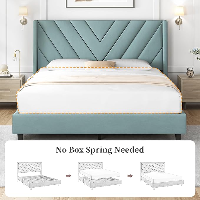 Yaheetech Queen Bed Frame Upholstered Platform Bed with Wing Side/Wooden Slat Support/Tufted Headboard with Wing Side/Mattress Foundation/No Box Spring Needed,Blue Lake Queen Bed