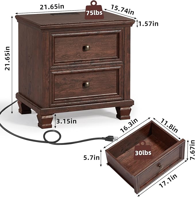 Farmhouse Walnut Bedroom Sets of 4, Includes 6 Drawer Large Dresser, Low 2 Drawers Night Stand with Charging Station, Small 5 Chest of Drawers, Wood Rustic Dresser & Nightstand Set for Home