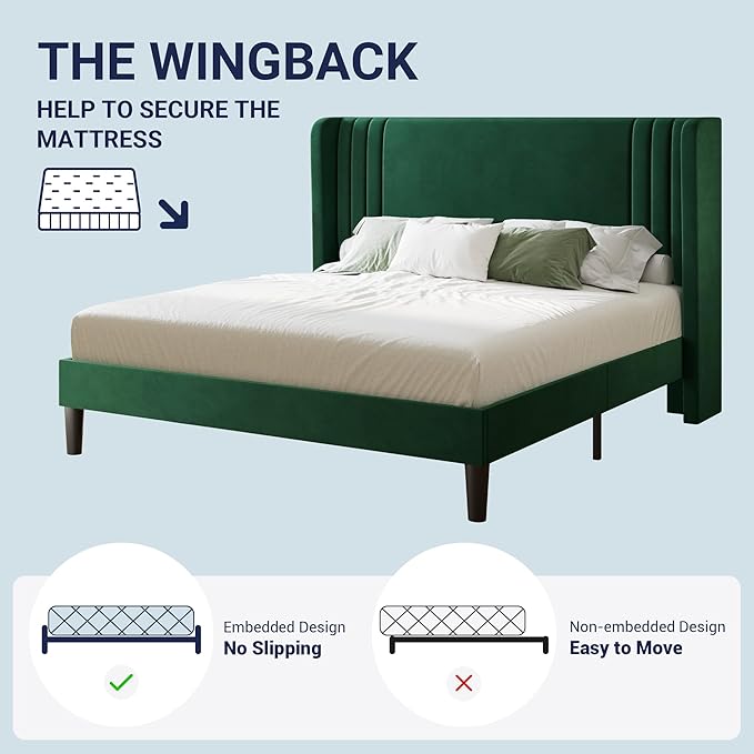 Allewie Queen Size Velvet Platform Bed Frame with Vertical Tufted Wingback Headboard, Easy Assembly, Under Bed Storage, No Box Spring Required, Modern Style, Green