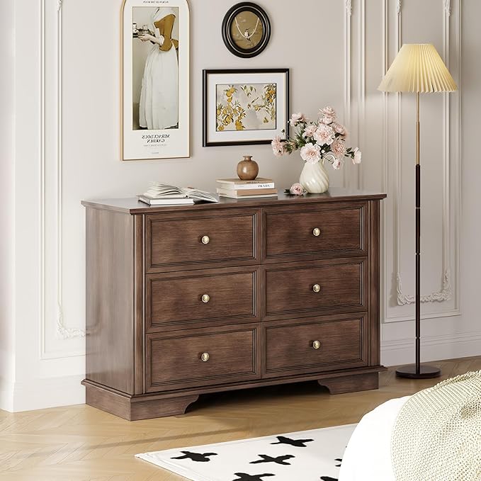 VINGLI Wood Dresser 6 Drawer, Brown Dresser for Bedroom, Vintage Dressers, Chest of Drawers for Living Room, 47.24" W*15.75D*31.5" H