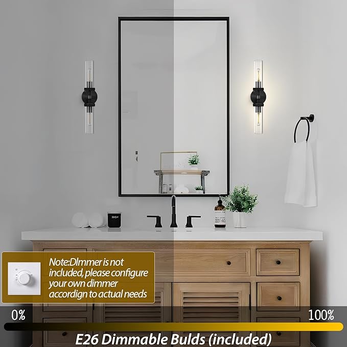 Black Bathroom Vanity Wall Sconces 2-Light Glass Tube Wall Sconce 21in Horizontal or Vertical Linear Wall Sconces Black Vanity Light Indoor Wall Sconce E26 Bulb Included