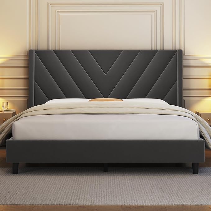 Yaheetech Queen Bed Frame Upholstered Platform Bed with Wing Side/Wooden Slat Support/Tufted Headboard with Wing Side/Mattress Foundation/No Box Spring Needed,Dark Gray Queen Bed