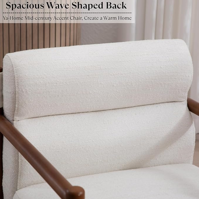 Mid-Century Accent Chair, Modern Linen Fabric Lounger Chair Upholstered Armchair with Walnut Wood Frame, Upholstery Back Leisure Chair for Living Room, Balcony, 1PC, White