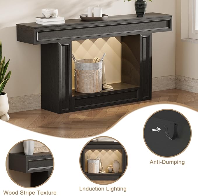 Rresyet 63" Console Table, 2-Tier Entryway Table with Sensor Lights, Coffee Table Behind The Sofa, with U-Shaped Base Suitable for Entryways, Living Rooms, Corridors, and Foyers(Black)