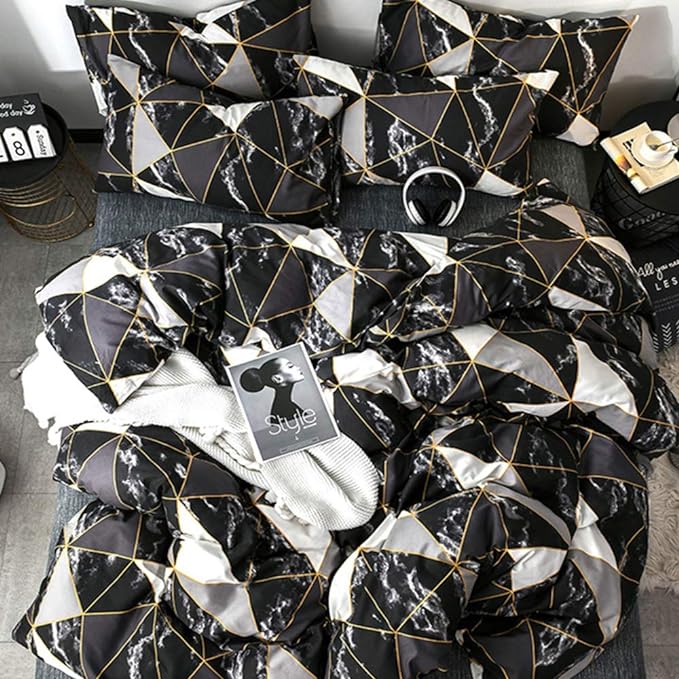 CLOTHKNOW Black White Marble Full Comforter Sets Triangle Bedding Comforter Sets Geometric Comforter Black Comforter with 2 x Pillow Cases