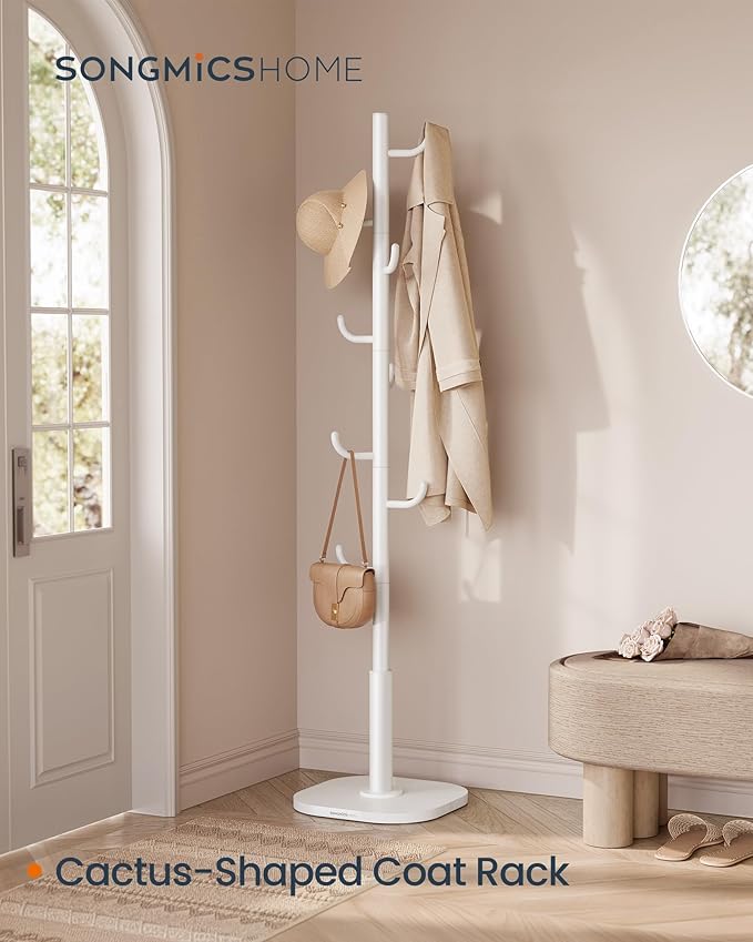 SONGMICS HOME Cactus-Shaped Coat Rack, Freestanding, Stand with 8 Sturdy Hooks, with Curved Ends, 69 Inches Tall, for Clothes, Hats, Bags, Cloud White URCR039W01