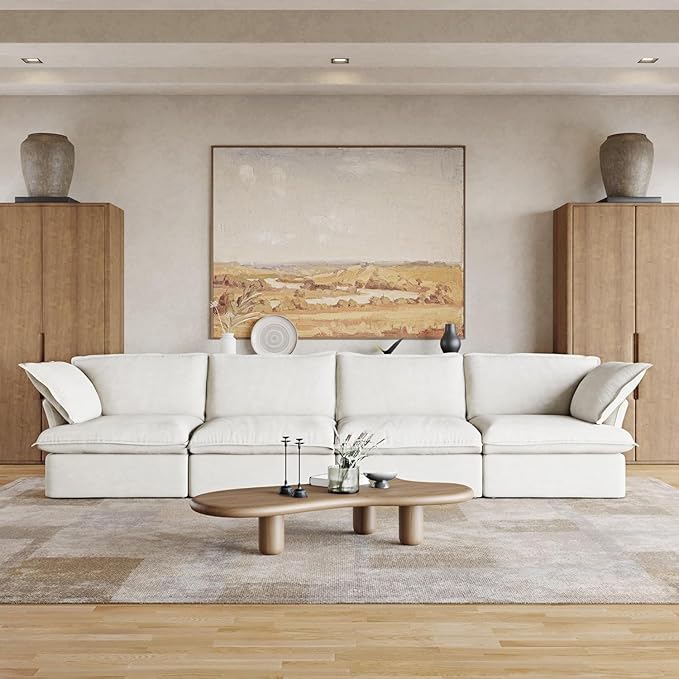 JACH 162" Cloud Sectional Couches for Living Room, Modular Sectional Sofa, Down Fill Couch Sectional, Cushion Covers Removable, Deep Seat Sofas for Living Room (4 Seats, White)