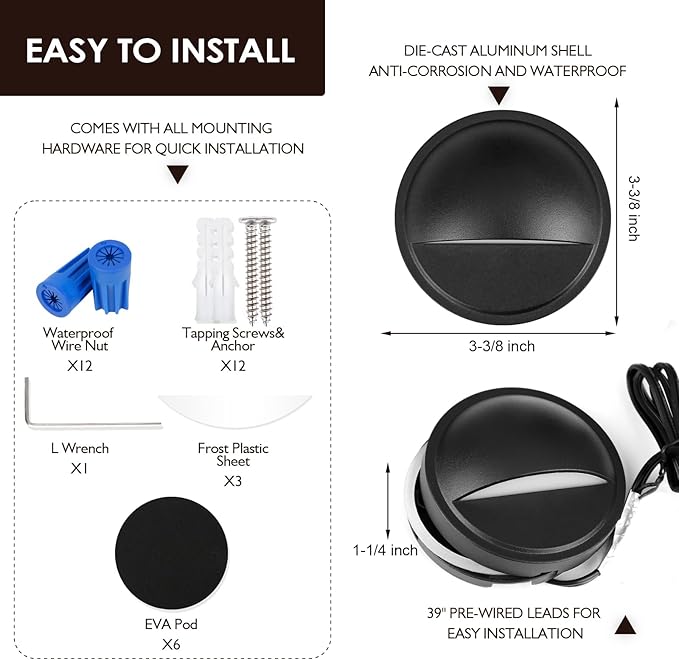 LED Low Voltage Deck Lights Outdoor Waterproof,6-Pack 3CCT Deck Lighting Fixtures Landscape Step,3W,12V-24V AC/DC Die-cast Aluminum Housing Fence Lamp Wired 2700K/3500K/5000K (Black)