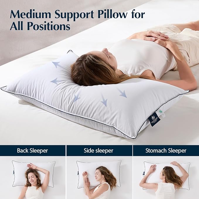 Pacific Coast Goose Down Fiber Pillows, Bed Pillows for Back, Stomach and Side Sleepers, Luxury Hotel Pillow, Downproof, Medium, Standard Size Set of 2