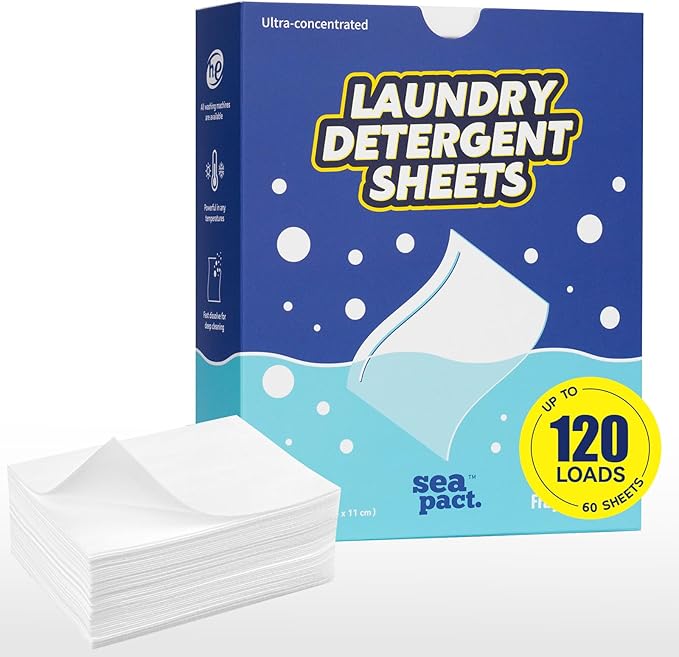 Laundry Detergent Sheets 120 Loads Unscented, Plastic Free, Washing Soap Sheets, Hypoallergenic, Fragrance Free, Space Saving - Eco Friendly for Dorm Apartment house Travel 60 sheets