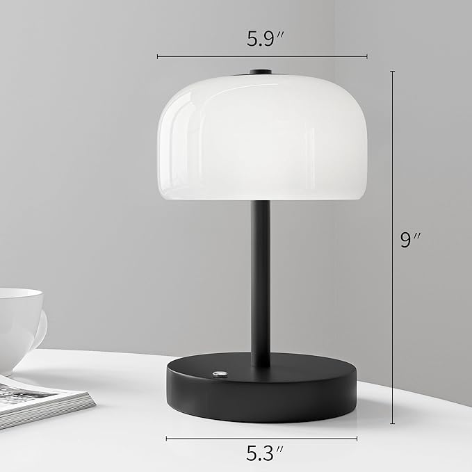 Oneach 2 Pack Cordless Table Lamps, 9" Portable Rechargeable Battery Powered Desk Lamp, Opal Glass Shade, 3 Level Brightness Dimmable, Mushroom Table Lamps for Bedroom, Living Room, Outdoor, Black
