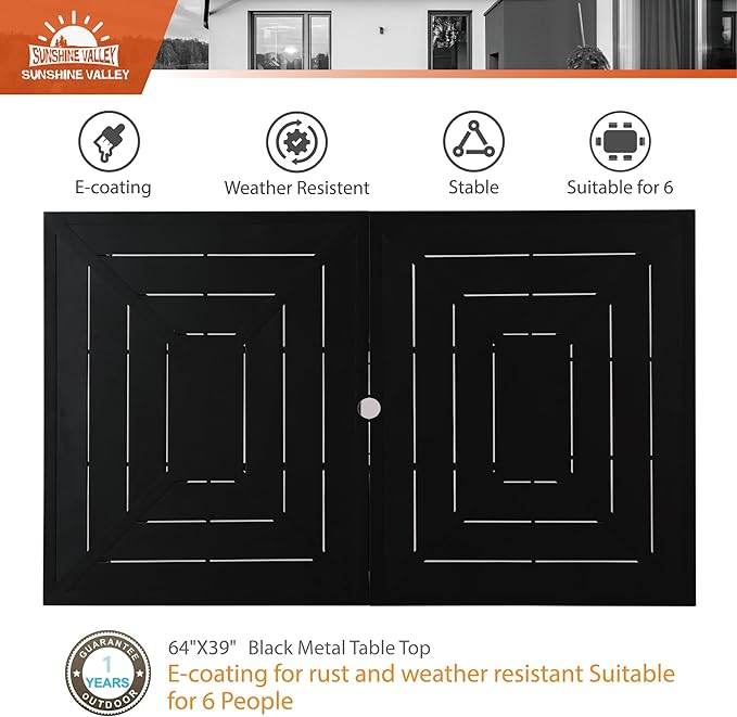 7 Piece Patio Dining Sets for 6, Black Outdoor Table and Chairs Set with 1 Wood-Like Patio Table(1.57"-1.9" Hole) and 6 Textilene Patio Chairs, Outdoor Dining Sets for Deck Backyard