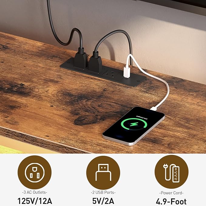 LED TV Stand with Fabric Drawers for 75 Inch TV, Entertainment Center with Power Outlets and Open Storage Shelves, Industrial Media TV Console Table for Living Room, Bedroom, Rustic Brown