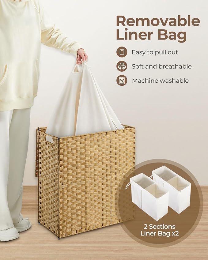 Greenstell Laundry Hamper No Install Needed, Divided Clothes Hamper with 2 Removable Liner Bags, 90L Handwoven Synthetic Rattan Laundry Basket with Lid and Handles, Foldable Natural
