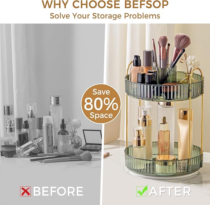 360° Rotating Makeup Organizer, Upgraded 2 Tier Skincare Perfume Organizers for Women, Bathroom Organizer Countertop, Clear Cosmetic Dresser Organizer with Makeup Brush Holder, Sink&Counter (Green)