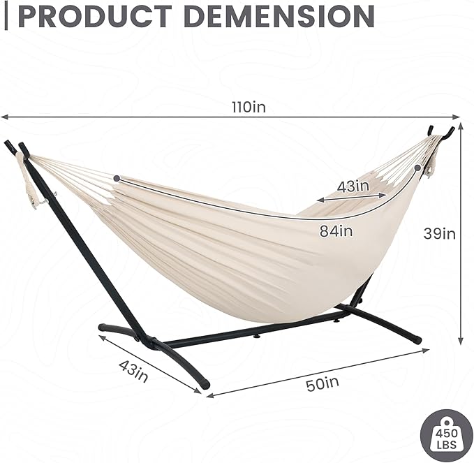 Lazy Daze Hammocks Double Hammock with 9ft Space-Saving Steel Stand Includes Portable Carrying Case, 450 Pounds Capacity (Natural)