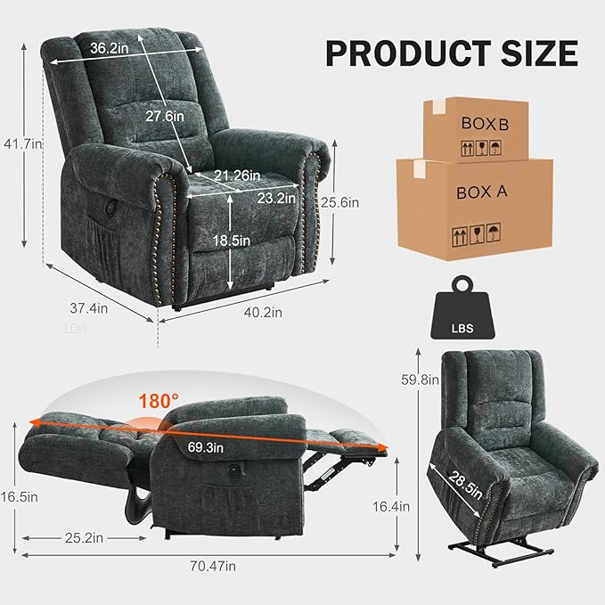 CDCASA Dual Motor Lay Flat Lift Chairs Recliners for Elderly with Massage and Heat, Upgraded Chenille Infinite Position Large Sleeping Power Lift Chair Recliner for Seniors, Set of 2,Grey Blue