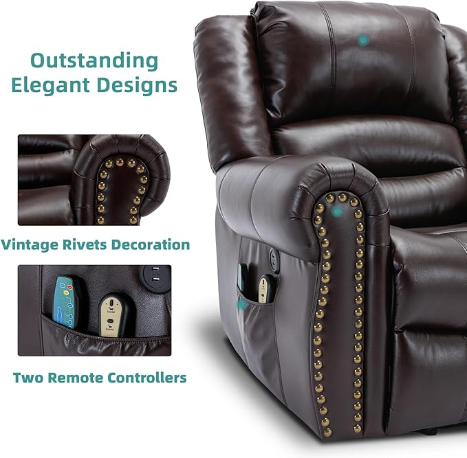 MEETWARM Large Power Lift Electric Recliner Chair with Massage and Heat, Overstuffed Wide Recliner for Elderly, Heavy Duty sofa for Living Room with 2 Remote Control/USB Ports/Side Pockets(Dark Brown)