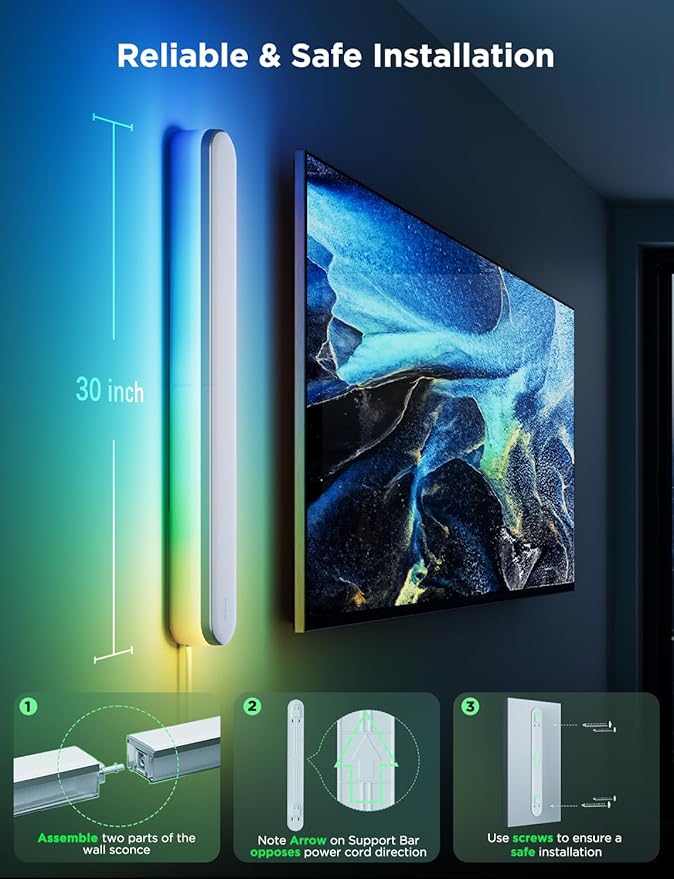 Govee Wall Sconces Set of Two, RGBIC LED Wall Lights, Works with Matter & Alexa, Music Sync, Plug in Wall Mount Light, Dimmable Modern Room Light for Living Room Bedroom Hallway, 2 Pack