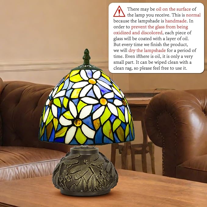 Small Tiffany Stained Glass Lamp, 3 Color Temperatures Bedside Lamp, 8 Inch Mushroom Desk Light for Bedroom Living Room Office Home Decor (White Flower Pattern)