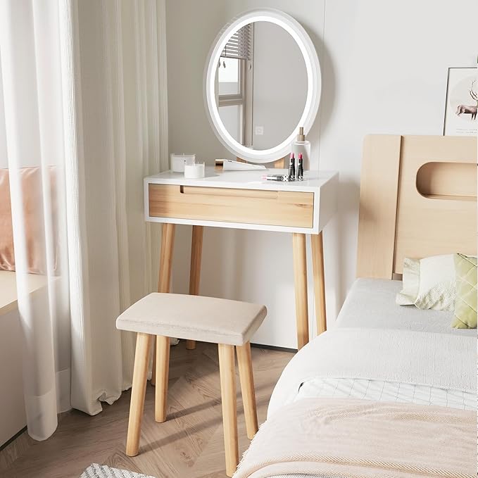 ARTETHYS Small Makeup Vanity Desk with 3 Adjustable Lighted Mirror and Chair, 24 Inch Vanities Set with Drawer Wooden Frame Dressing Table for Mini Space