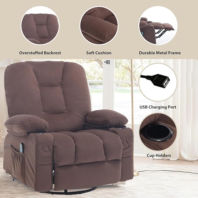 Recliner Chair for Adults, Rocker Recliners with Massage and Heat, Fabric Overstuffed Swivel Glider with Cup Holder Side Pocket, Manual Reclining Sofa Chair for Living Room,Brown