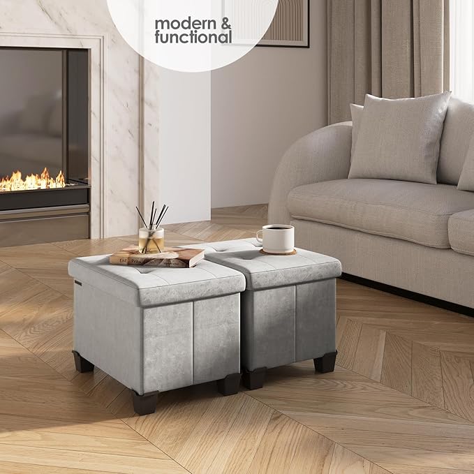 STORAGEBUD Storage Ottoman Cube with Small Bin, 16-in Square Ottoman with Storage for Living Room and Bedroom, Small Ottomans Foot Rest, Velvet Foot Stools Ottomans Max 330lbs, Light Grey