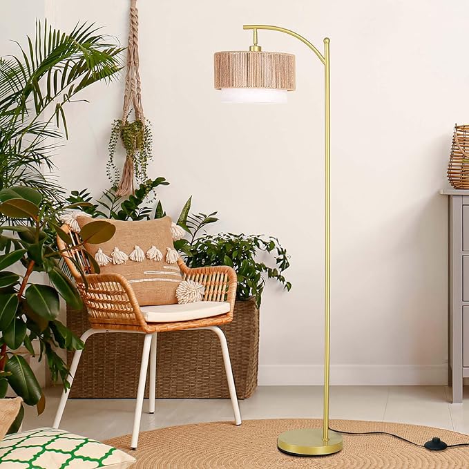SUNMORY Floor Lamps for Living Room with 12W LED Bulb, Arc Floor Lamp with 3 Color Temperatures, Farmhouse Floor Lamps with Adjustable Rattan & Fabric Shades, Boho Standing Lamp for Bedroom, Corner