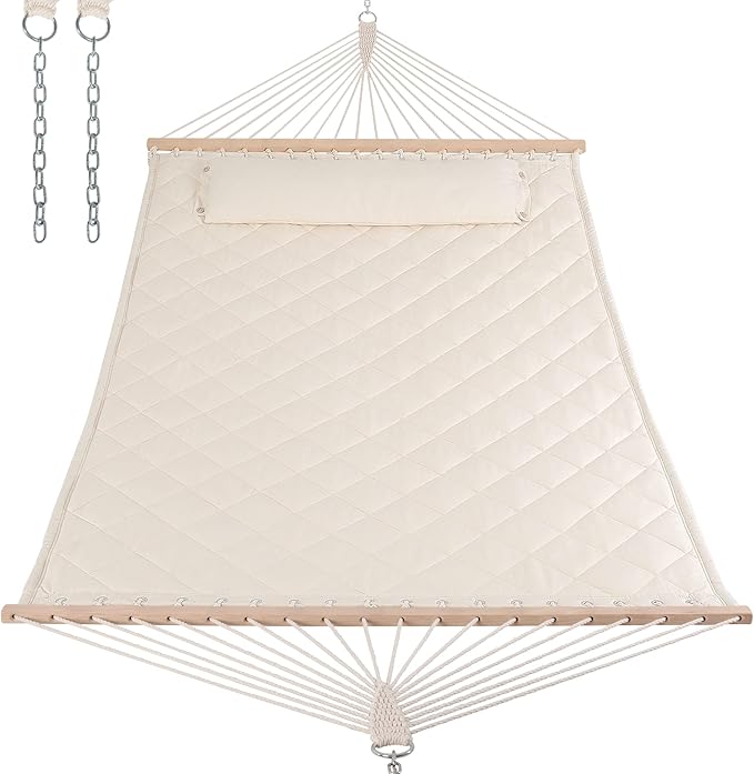 ANOW Two Person Hammock with Spreader Bars and Detachable Pillow, Heavy Duty Hammock for Outdoors Indoors, 450 LBS Weight Capacity, Cream