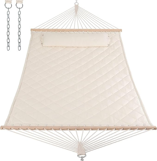 ANOW Two Person Hammock with Spreader Bars and Detachable Pillow, Heavy Duty Hammock for Outdoors Indoors, 450 LBS Weight Capacity, Cream