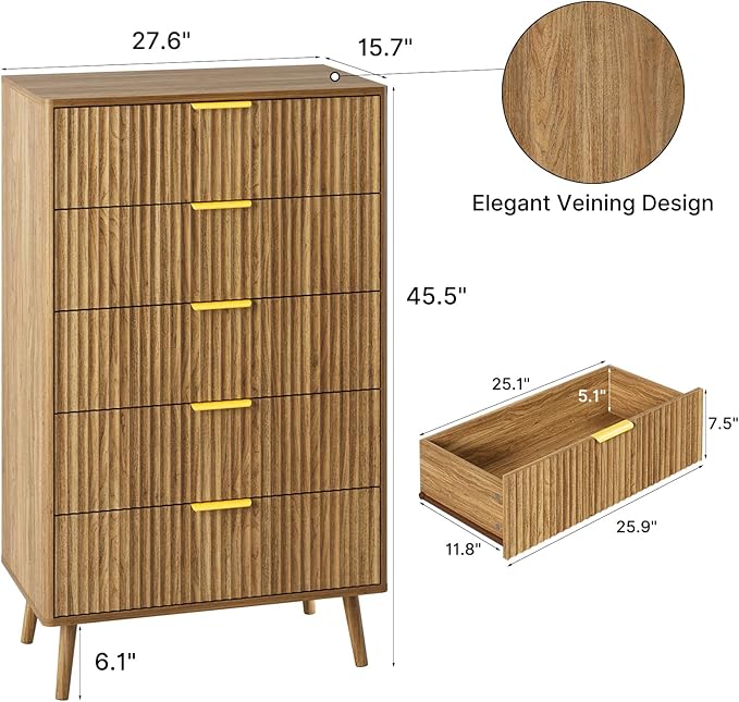 LYNSOM Fluted 5 Drawers Dresser, 45" Tall Modern Chest of Drawers with Curved Profile Design and Metal Handle, Wood Drawer Organizer for Bedroom, Living Room, Hallway, Entryway, Natural Oak