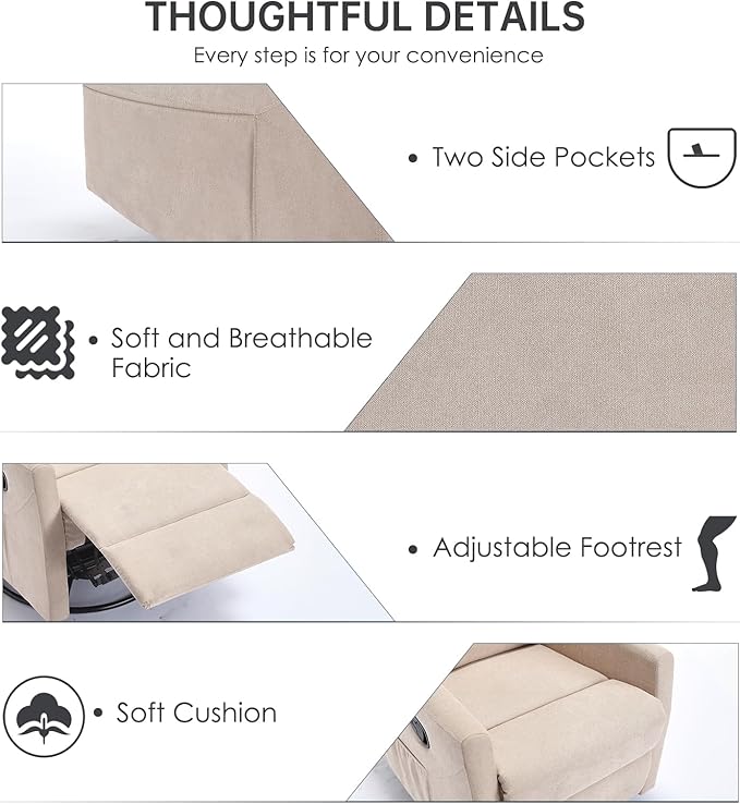 360° Swivel Recliner Chairs for Small Spaces, A Recliner with Side Pockets, Small Rocker Recliner for Living Room, Bedroom, Cream Recliner Chair for Adults