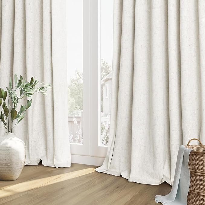 Guken 100% Blackout Linen Curtains 52 Inch Wide by 148 Inch 2 Panels Set for Living Room Bedroom Back Tab Thermal Insulated Black Out Linen Drapes Room Darkening Window Curtains, Natural