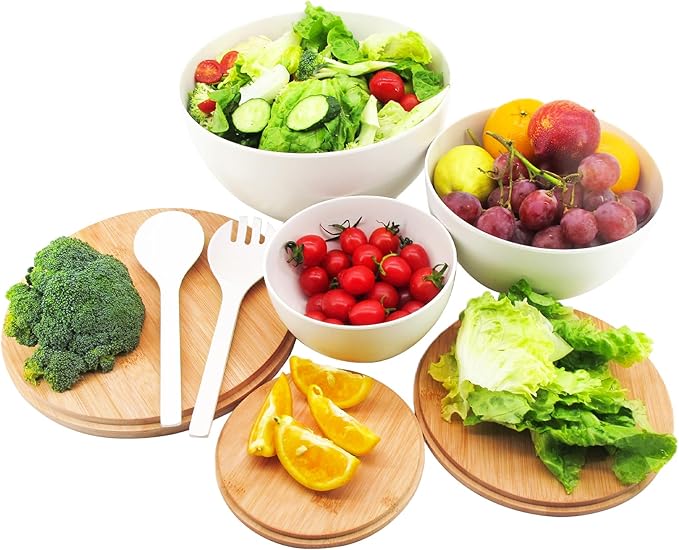 Salad Bowls Set of 3 with Lid & Serving Utensils, Bamboo Fiber Mixing Bowls Set Large Serving Bowls & Storage Set with Bamboo Lid for Salad, Kitchen Eating, Pasta, Popcorn, Chips, Fruit, White
