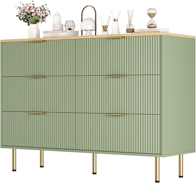 Fluted Wood Dresser 6 Drawers Dresser for Bedroom, Large Modern Chest of Drawers, for Bedroom, Living Room, Hallway, Entryway, Green and Oak