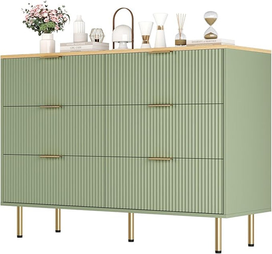 Fluted Wood Dresser 6 Drawers Dresser for Bedroom, Large Modern Chest of Drawers, for Bedroom, Living Room, Hallway, Entryway, Green and Oak