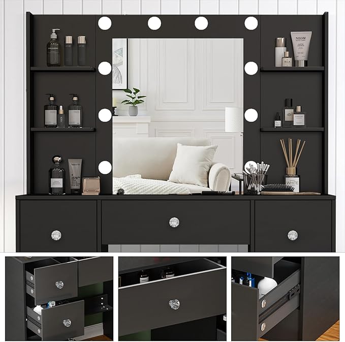 JBLCC Black Vanity Desk with Mirror and Lights, 39.4''W Makeup Vanity with 3-Color Lighted Mirror, 7 Drawers & Open Shelves, Big Vanity Table for Bedroom, Girls & Women