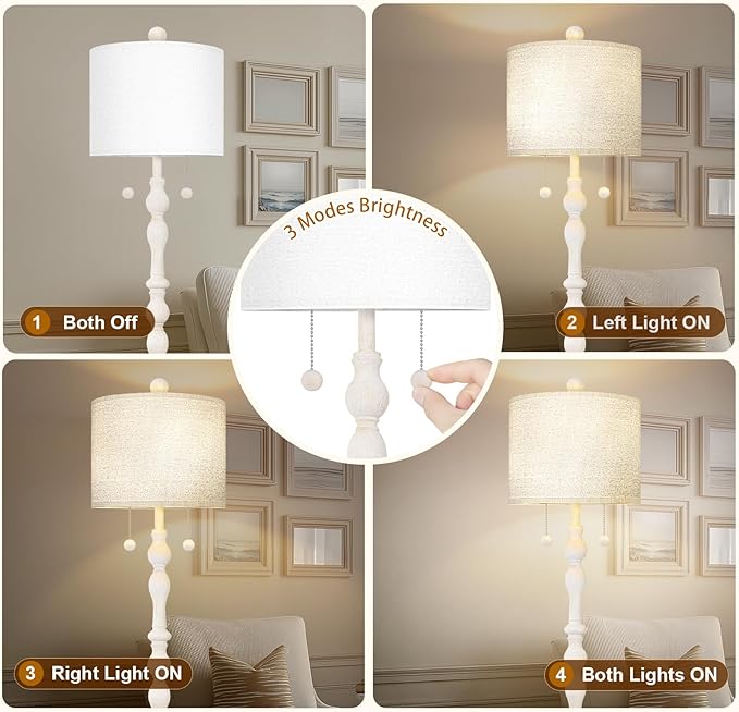 65.5” Natural Real Wood Floor Lamp for Living Room Bedroom, Dual S Cluster Socket, Pull Chains Switch, Farmhouse Tall Standing Lamp with Linen Shade for Home Room Decor (Bulbs Included)