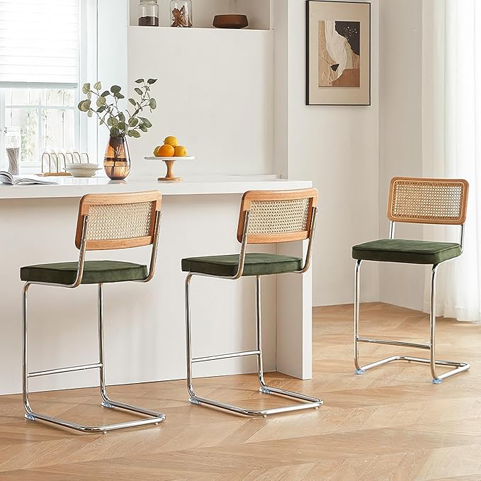 Natural Rattan Bar Stools Set of 3 with Solid Wood Back, 29 Inch Mid Century Modern Counter Height Stools, Green Upholstery Boho Stool for Kitchen Counter with Chrome Metal Legs