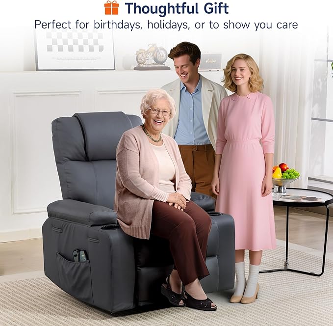 Power Lift Recliner Chair for Elderly with Massage & Heat, 160° Adjustable PU Leather Electric Recliner with Remote, Cup Holders, Side Pockets, and Stand Assist for Living Room, Bedroom (Gray)
