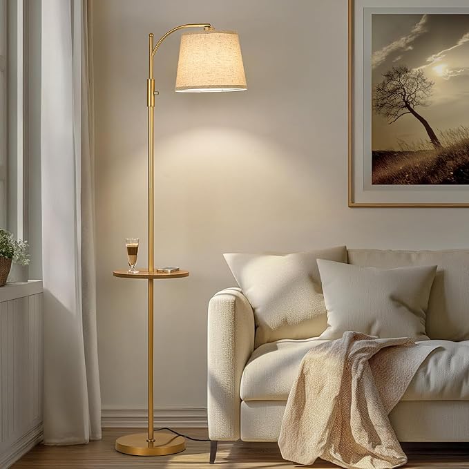 AIDENOEY Fully Dimmable Floor Lamp for Living Room，Standing Lamp Rotary Switch with Table&Linen Beige Shade，Golden Tall Lamps for Bedroom with Adjust Head，9W LED Bulb Included