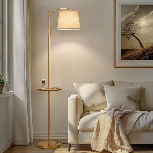 AIDENOEY Fully Dimmable Floor Lamp for Living Room，Standing Lamp Rotary Switch with Table&Linen Beige Shade，Golden Tall Lamps for Bedroom with Adjust Head，9W LED Bulb Included