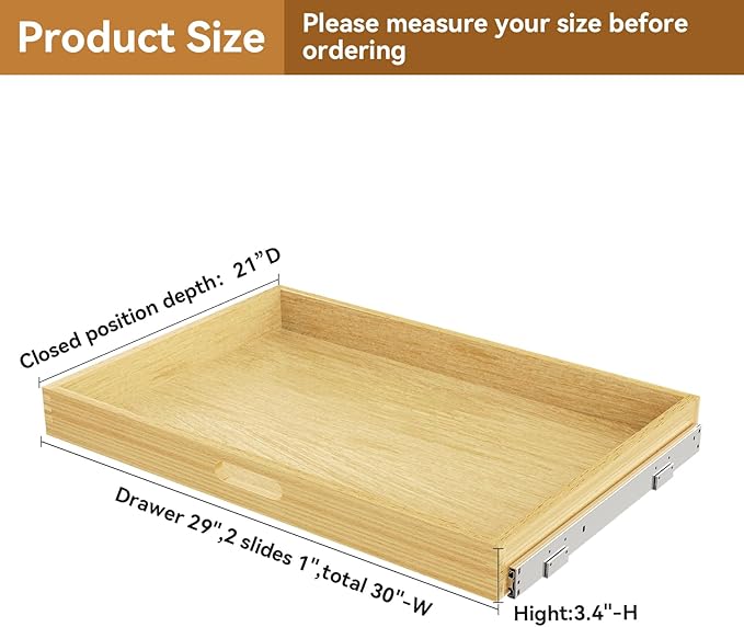 Pull Out Cabinet Organizer, Soft Close Wooden Drawer Storage Shelves for Kitchen, Durable Base Cabinet Solution for Pantry (30”W*21”D)