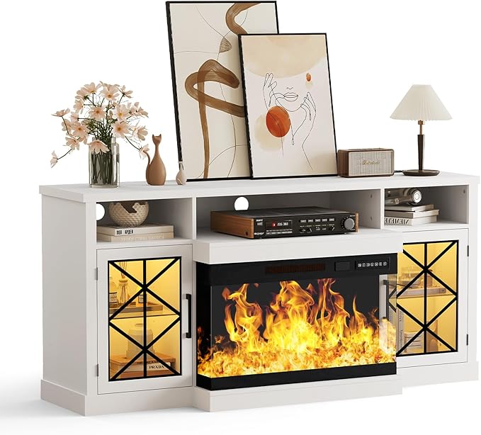 Ludatido 65 Inch FireplaceTV Stand with 3-Sided Glass Insert, Storage Cabinets & Drawers, Fits TVs up to 75", Remote & Touch Control, White Entertainment Center with USB&AC Power Interface, White