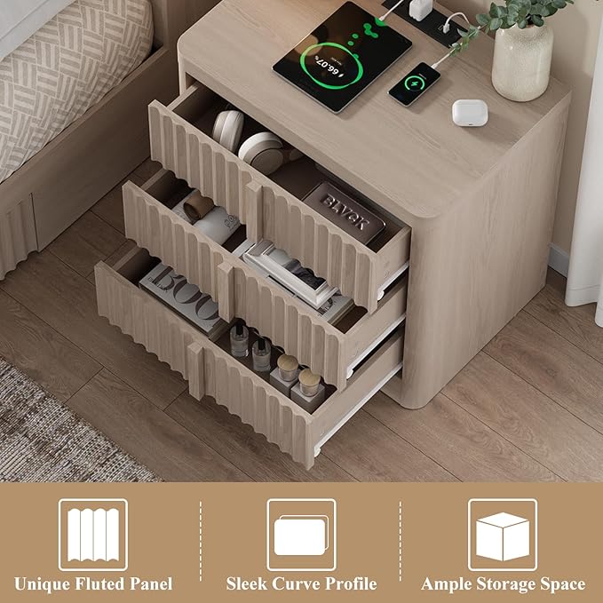 Fluted Nightstand Set of 2 with Charging Station, 23.6" Wood End Table with Solid Wood Handle, Mid Century Moden Bedside Table 3 Drawer Dresser for Bedroom, Living Room, Natural Oak