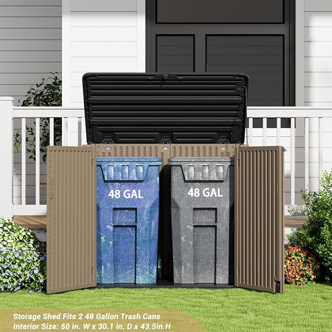 KINYING Larger Outdoor Storage Shed Weather Resistance, Resin Sheds & Outdoor Storage for Garden, Patios, Backyards, 48 Cu.Ft Tool Shed for Garbage Cans, Lawn Mower, Garden Tools,Brown
