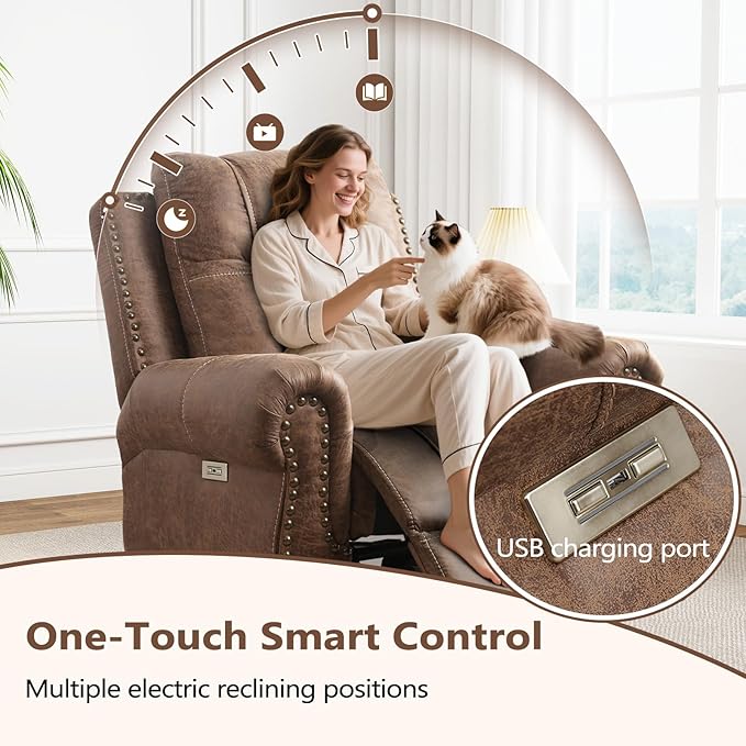 ANJ Electric Power Recliner Chair with USB Ports, Breathable Faux Leather Oversized Recliner with Comfortable Arms, Back and Headrest, Single Sofa for Living Room, Nut Brown