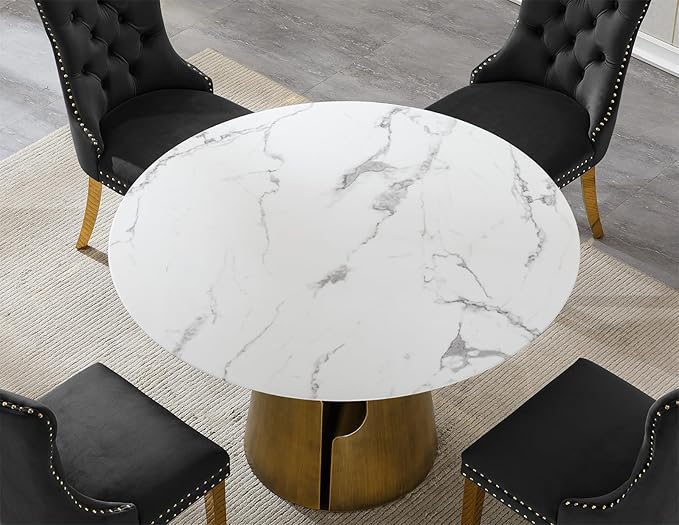 5-Piece Faux Marble Round Dining Table Set for 4, Modern Luxury Kitchen Table Set for 4 with Black Tufted Chairs,Circle Dining Tables with White Marble Grain Top and Bronze Pedestal Base