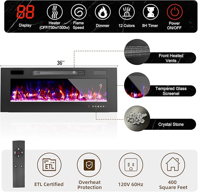 Ludatido 70 Inch TV Stand with 36 inch Electric Fireplace 27 LED Light Entertainment Center for TVs Up to 80" Black Modern Wood Media TV Console with Highlight Cabinet for Living Room Black Marbling